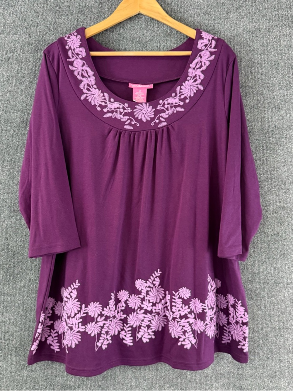 Women Within Purple Embroidered Tunic Top Size 1X Scoop Neck 3/4 Sleeve